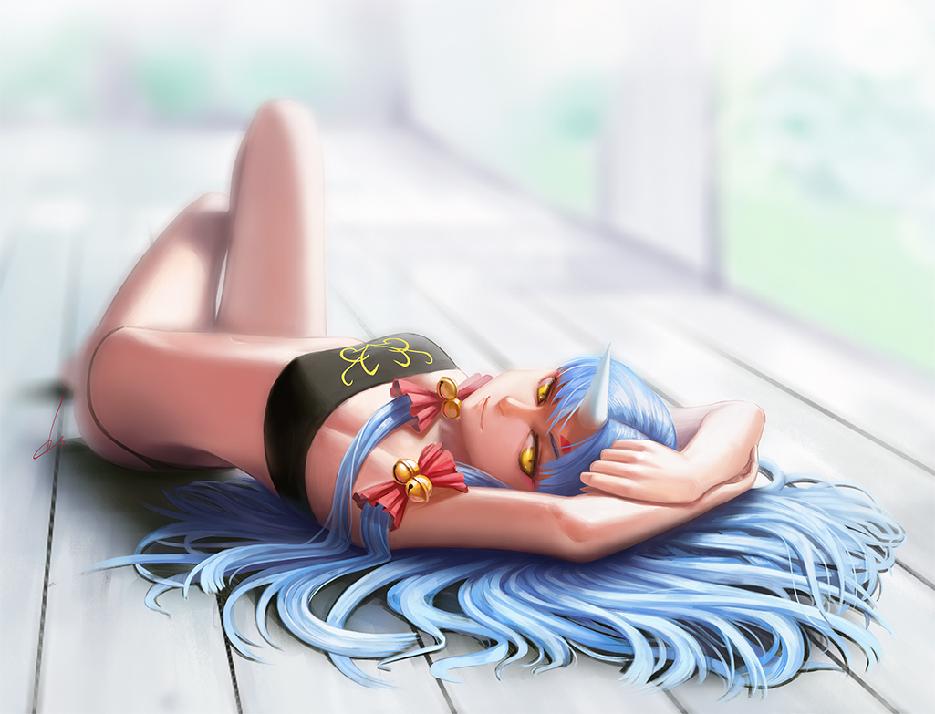 bell, bikini, blue_hair, dopollsogno, horns, long_hair, navel, signed