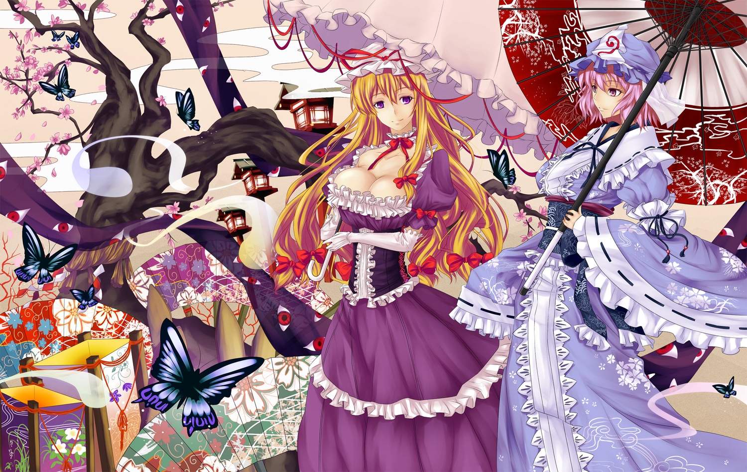 2girls, blonde_hair, bow, breasts, butterfly, cherry_blossoms, cleavage, dress