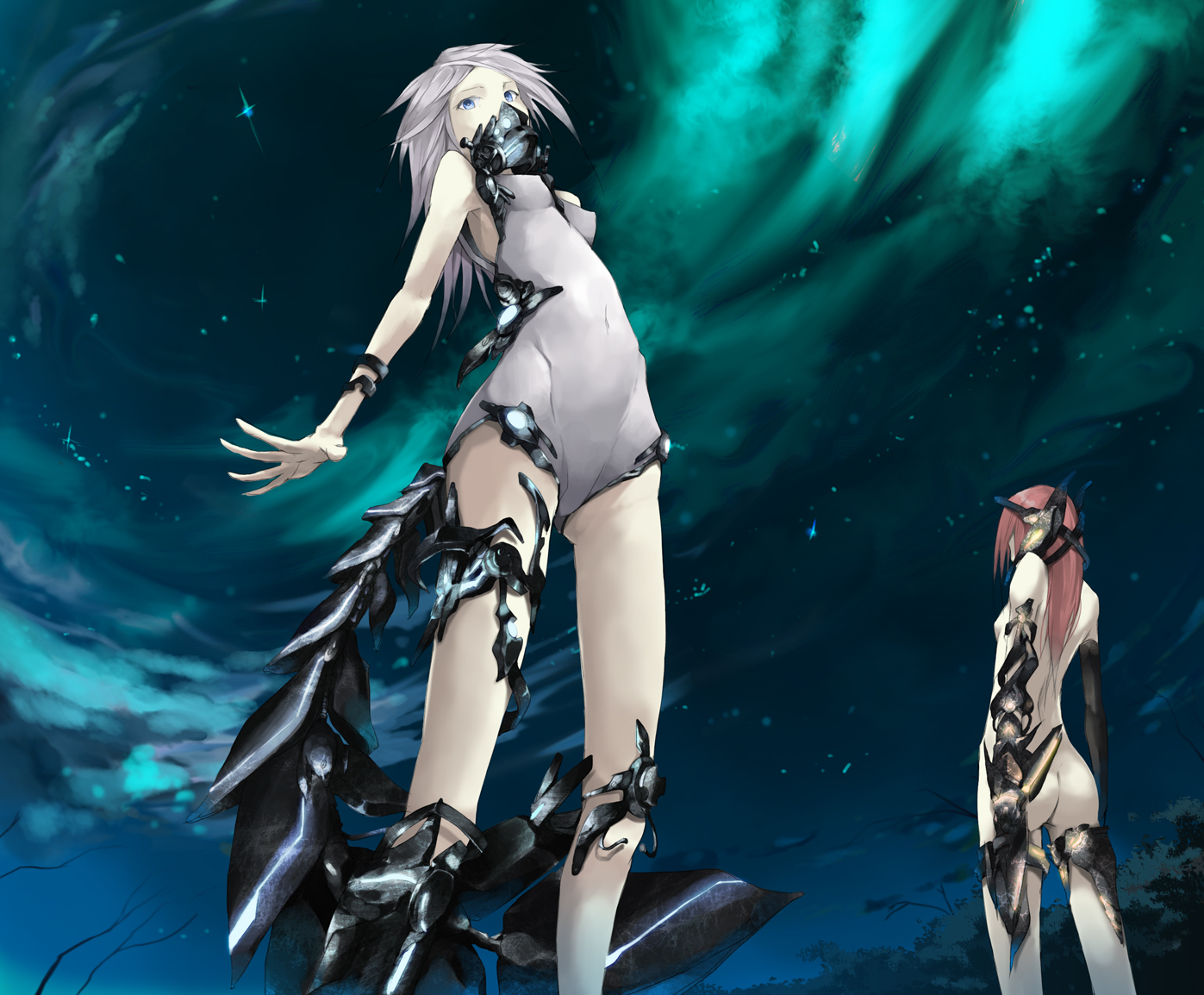 2girls, blue_eyes, bodysuit, gray_hair, long_hair, mask, night, nude