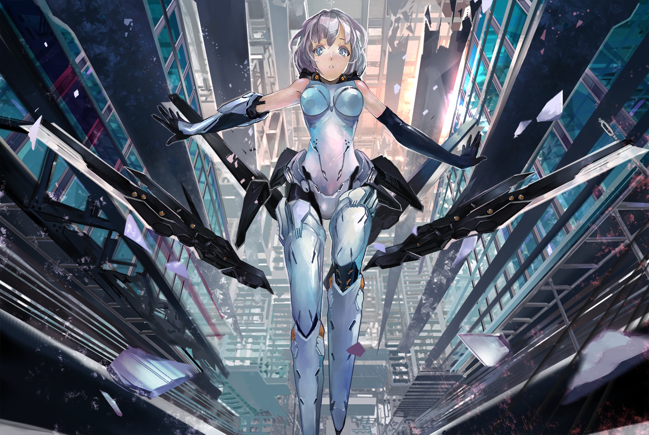 blue_eyes, bodysuit, diet_sence, elbow_gloves, gloves, gray_hair, original, short_hair, skintight