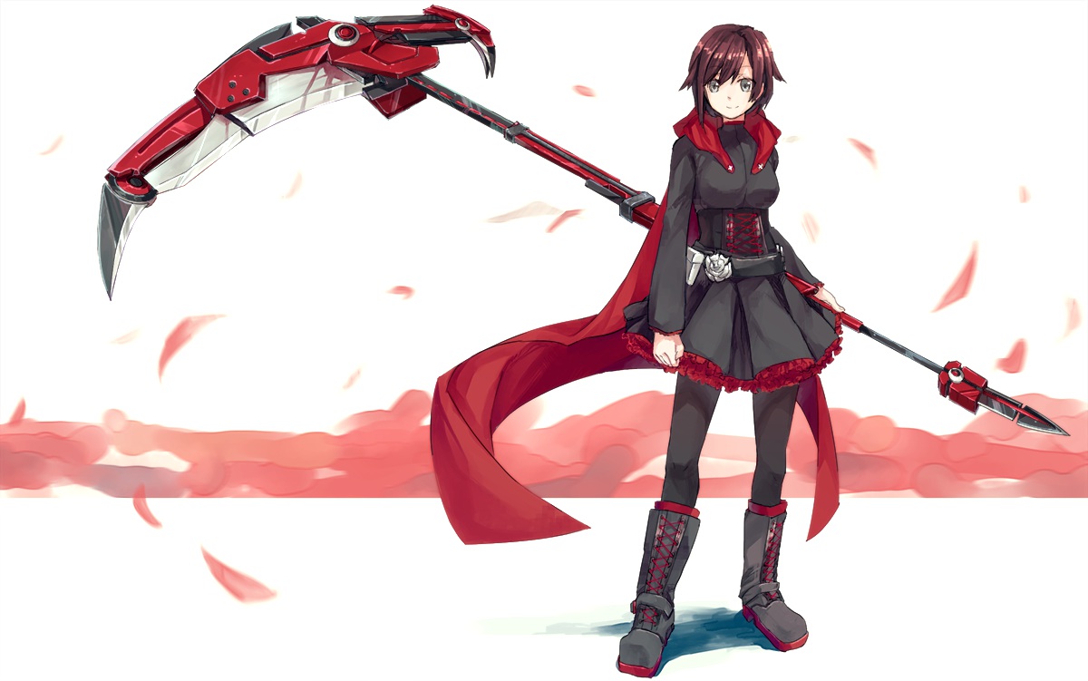 boots, cape, dress, gray_eyes, hitomai, pantyhose, petals, red_hair, ruby_rose, rwby, scythe, short_hair, weapon, white