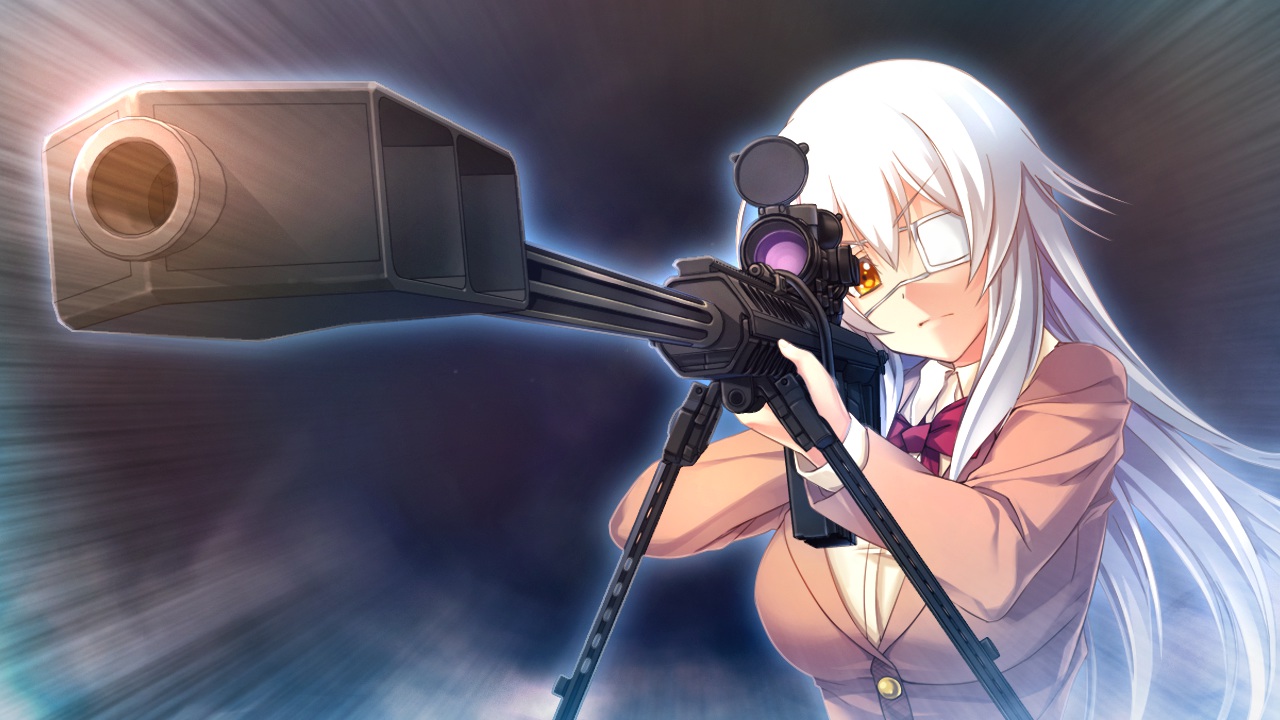 bow, cinematograph, eyepatch, game_cg, gun, innocent_bullet, long_hair, miyasu_sanae