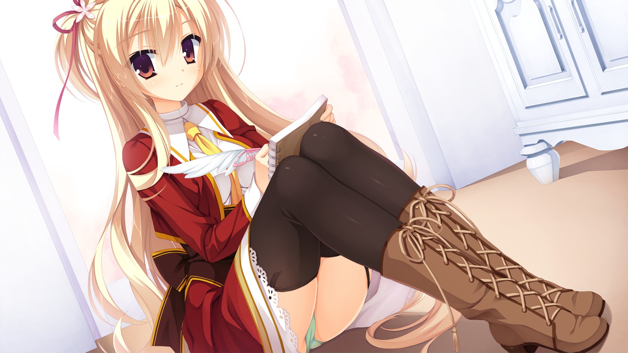 amairo_islenauts, blonde_hair, blush, book, boots, brown_eyes, game_cg, garter, kobuichi, long_hair, panties, school_uniform, shirley_warwick, thighhighs, tie, underwear, yuzusoft