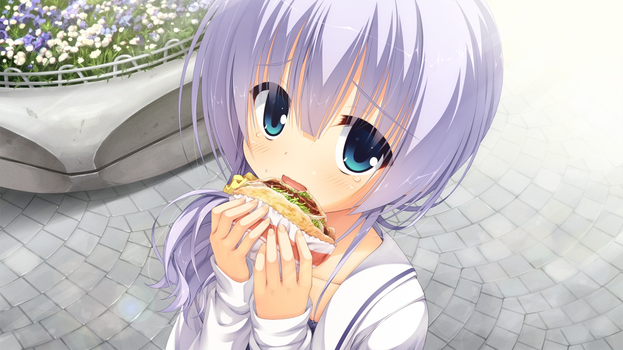 amairo_islenauts, blue_eyes, blue_hair, blush, flowers, food, game_cg, kobuichi