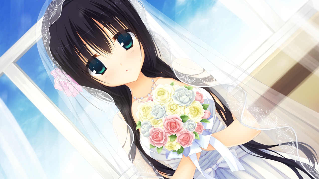 amagiri_yune, amairo_islenauts, black_hair, blue_eyes, blush, bow, dress, flowers