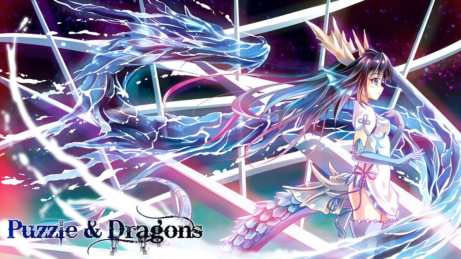 animal_ears, arms_ai, black_hair, blue_eyes, dragon, elbow_gloves, gloves, horns