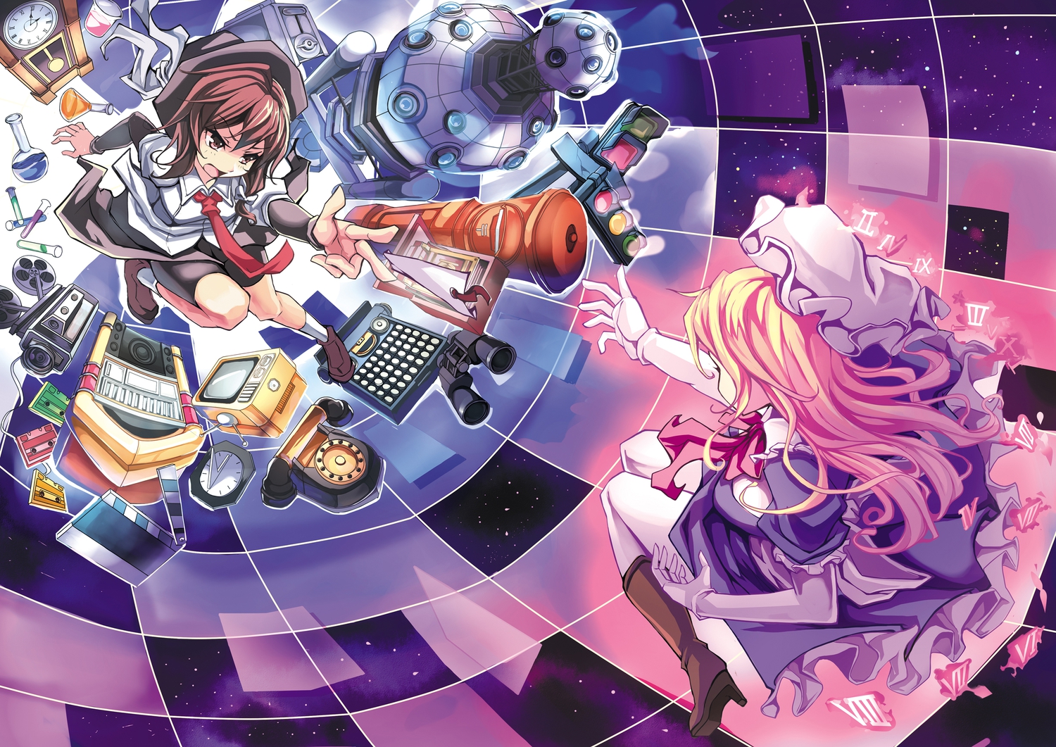 2girls, blonde_hair, boots, brown_eyes, brown_hair, dress, hat, long_hair, maribel_han, pz, short_hair, socks, tie, touhou, usami_renko, yakumo_yukari