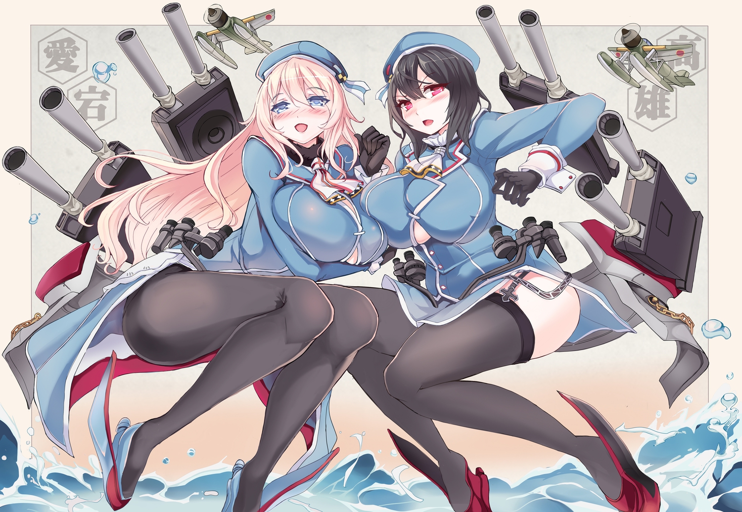 2girls, aircraft, anthropomorphism, atago_(kancolle), black_hair, blonde_hair, blue_eyes, blush, breasts, choker, equipments_fairy_(kancolle), gloves, hat, kantai_collection, long_hair, pantyhose, pz, red_eyes, short_hair, stockings, takao_(kancolle), uniform, water
