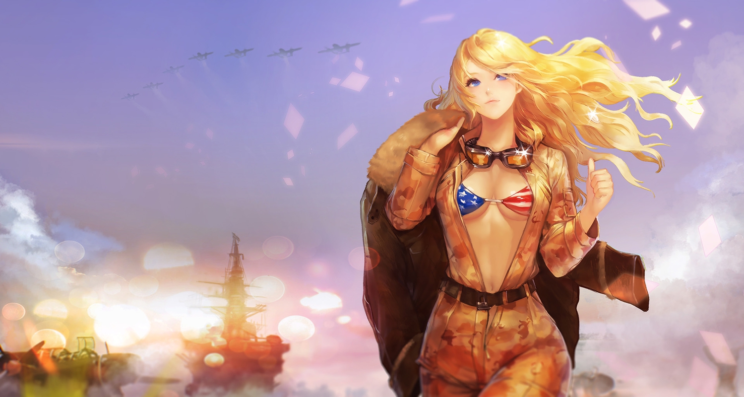 1942_for_kakao_(game), aircraft, bikini_top, blonde_hair, blue_eyes, boat, breasts, cleavage