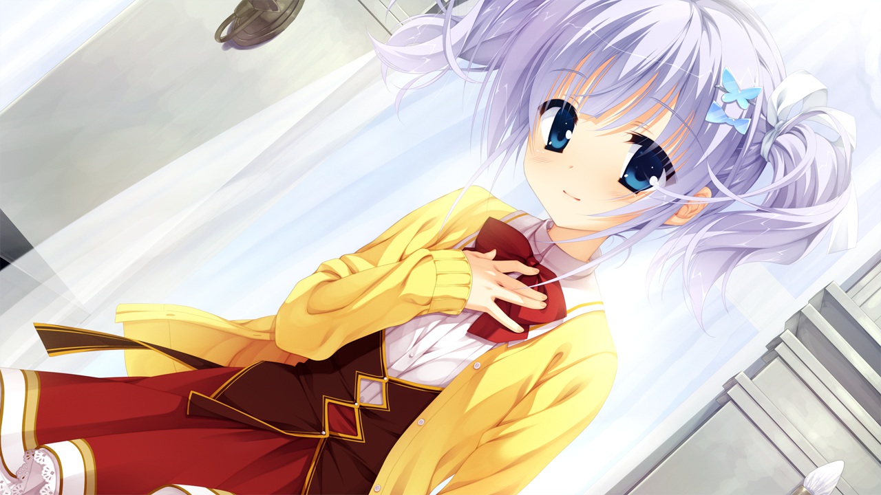 amairo_islenauts, blue_eyes, blue_hair, blush, bow, game_cg, kobuichi, school_uniform