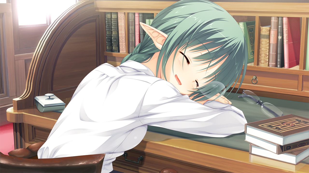 amairo_islenauts, blush, book, braids, game_cg, glasses, green_hair, kobuichi, pointed_ears, short_hair, sleeping, tia_hohenwerfen, yuzusoft