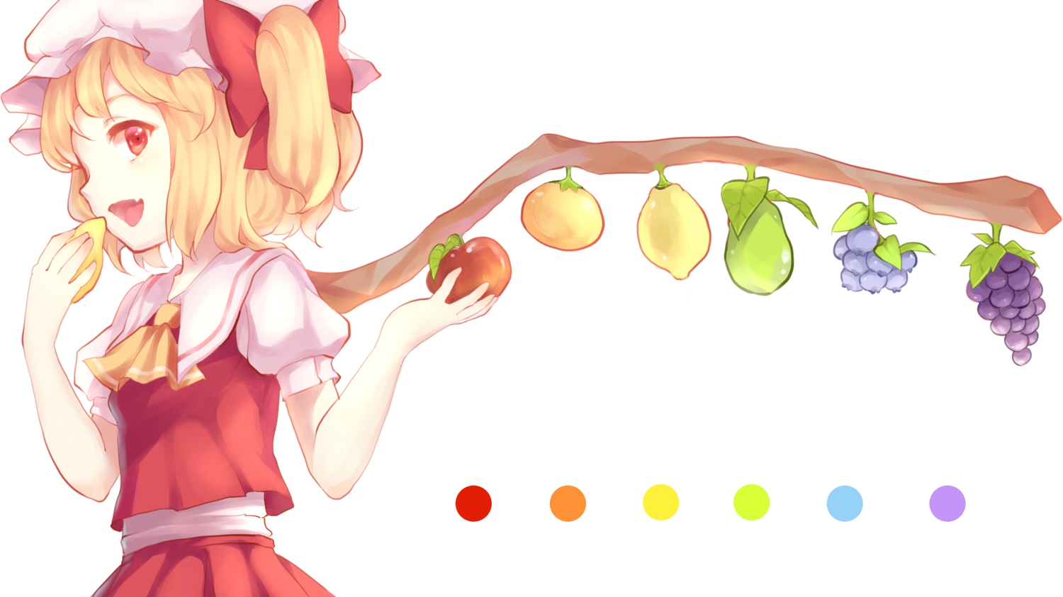 apple, blonde_hair, bow, fang, flandre_scarlet, food, fruit, hat