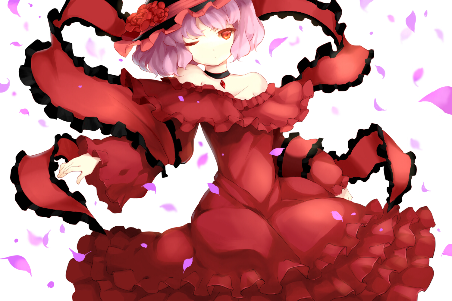 choker, dress, hat, maiwetea, nagae_iku, petals, pink_hair, red_eyes