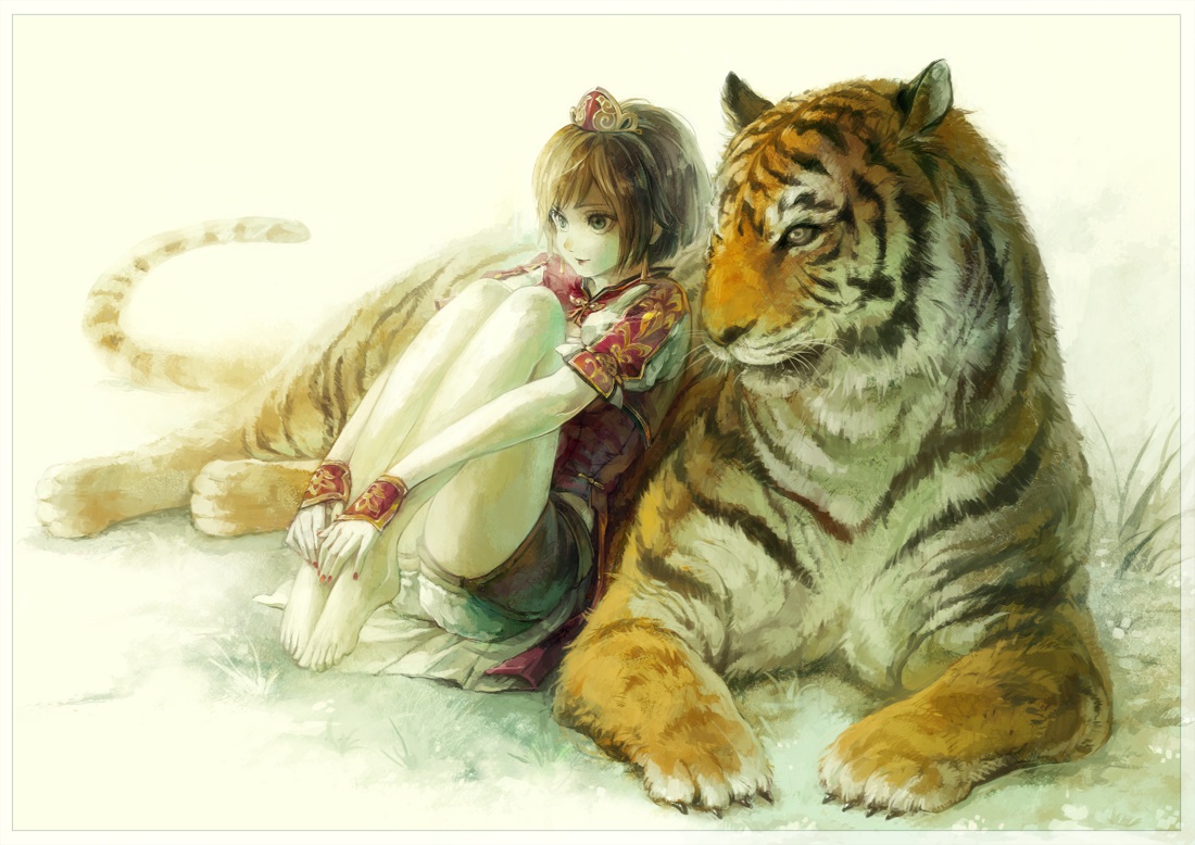 aa_kuro, animal, barefoot, brown_hair, crown, green_eyes, romance_of_the_three_kingdoms, short_hair, sonshoukou, tiger