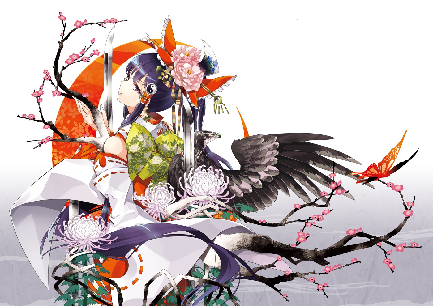 animal, bird, butterfly, cherry_blossoms, flowers, hakurei_reimu, japanese_clothes, long_hair, miko, ponytail, purple_eyes, purple_hair, sword, touhou, tsurukame, weapon