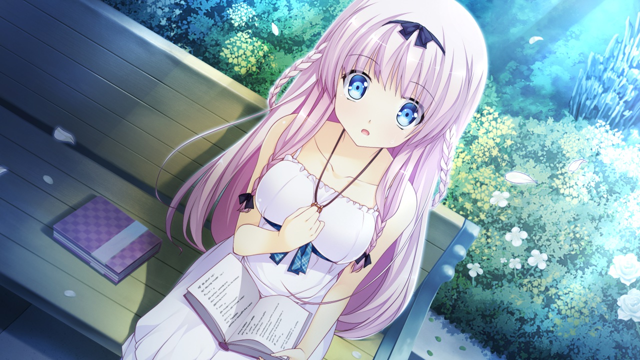 blue_eyes, book, braids, dress, flowers, game_cg, girls_be_ambitious!, headband, long_hair, mtu, petals, pink_hair, score, yuzuki_fuuka