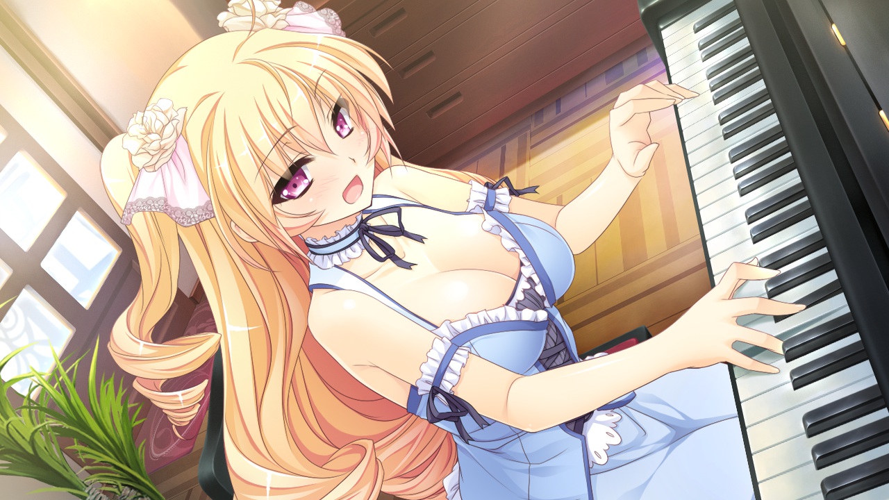 blonde_hair, blush, breasts, choker, cleavage, dress, game_cg, girls_be_ambitious!, instrument, long_hair, misasagi_erena, mtu, piano, pink_eyes, score