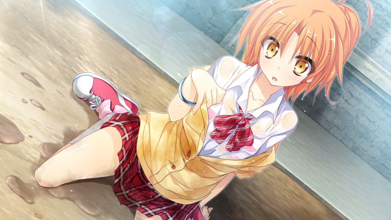 aono_sena, blush, game_cg, girls_be_ambitious!, kneehighs, mtu, orange_eyes, orange_hair, school_uniform, score, see_through, short_hair, skirt, wet