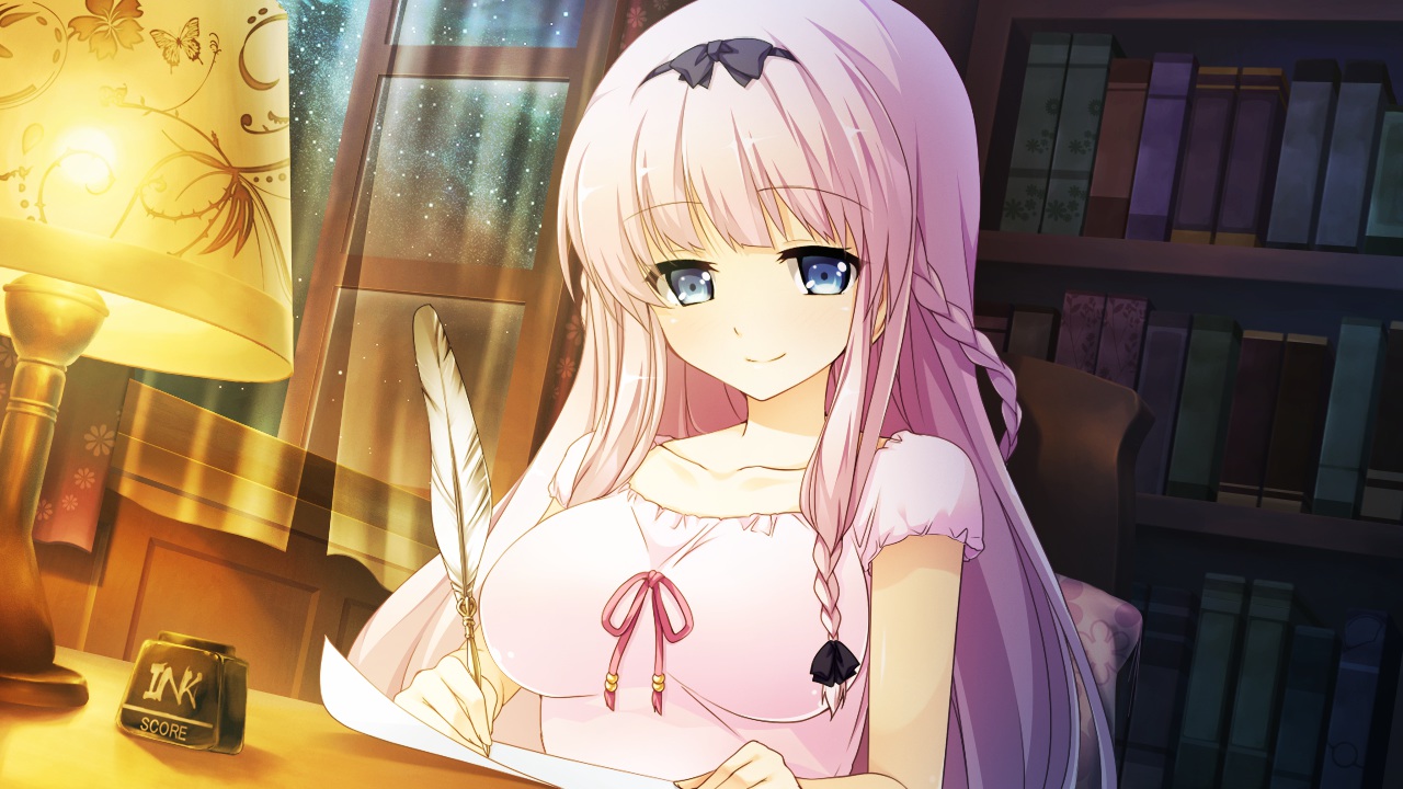 blue_eyes, book, braids, game_cg, girls_be_ambitious!, headband, long_hair, mtu, pajamas, paper, pink_hair, score, yuzuki_fuuka