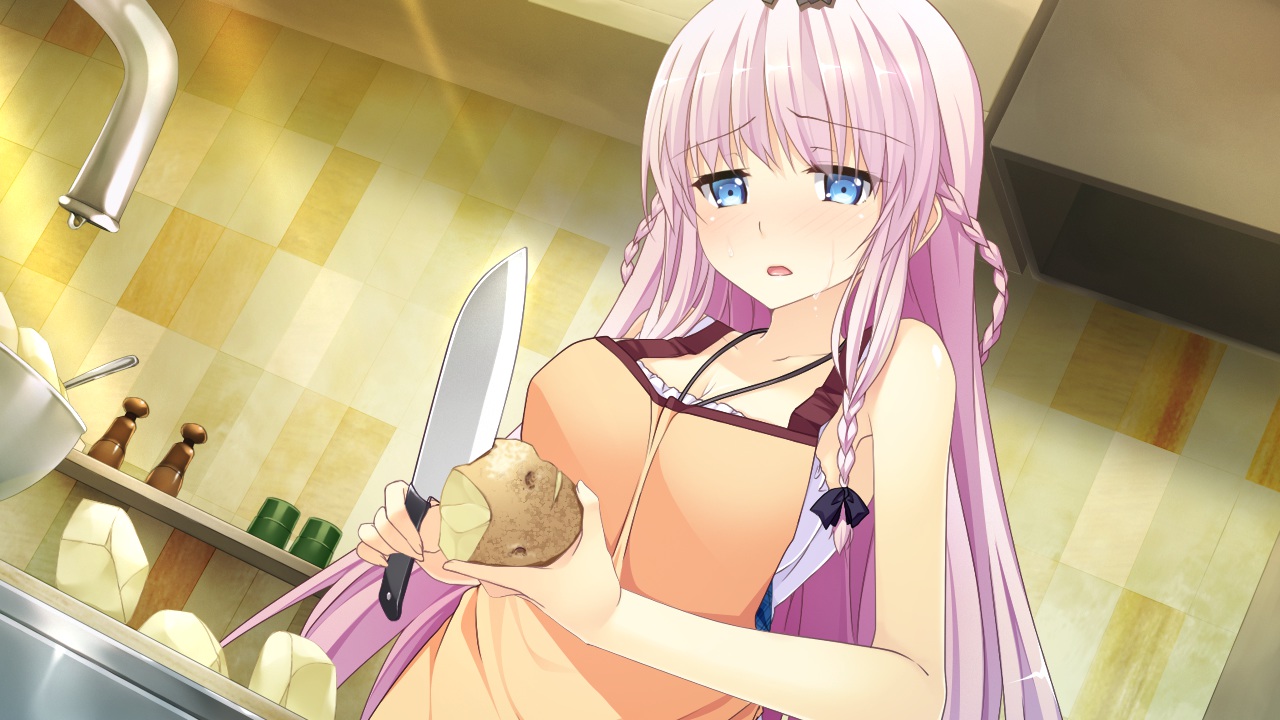 apron, blue_eyes, blush, braids, food, game_cg, girls_be_ambitious!, knife