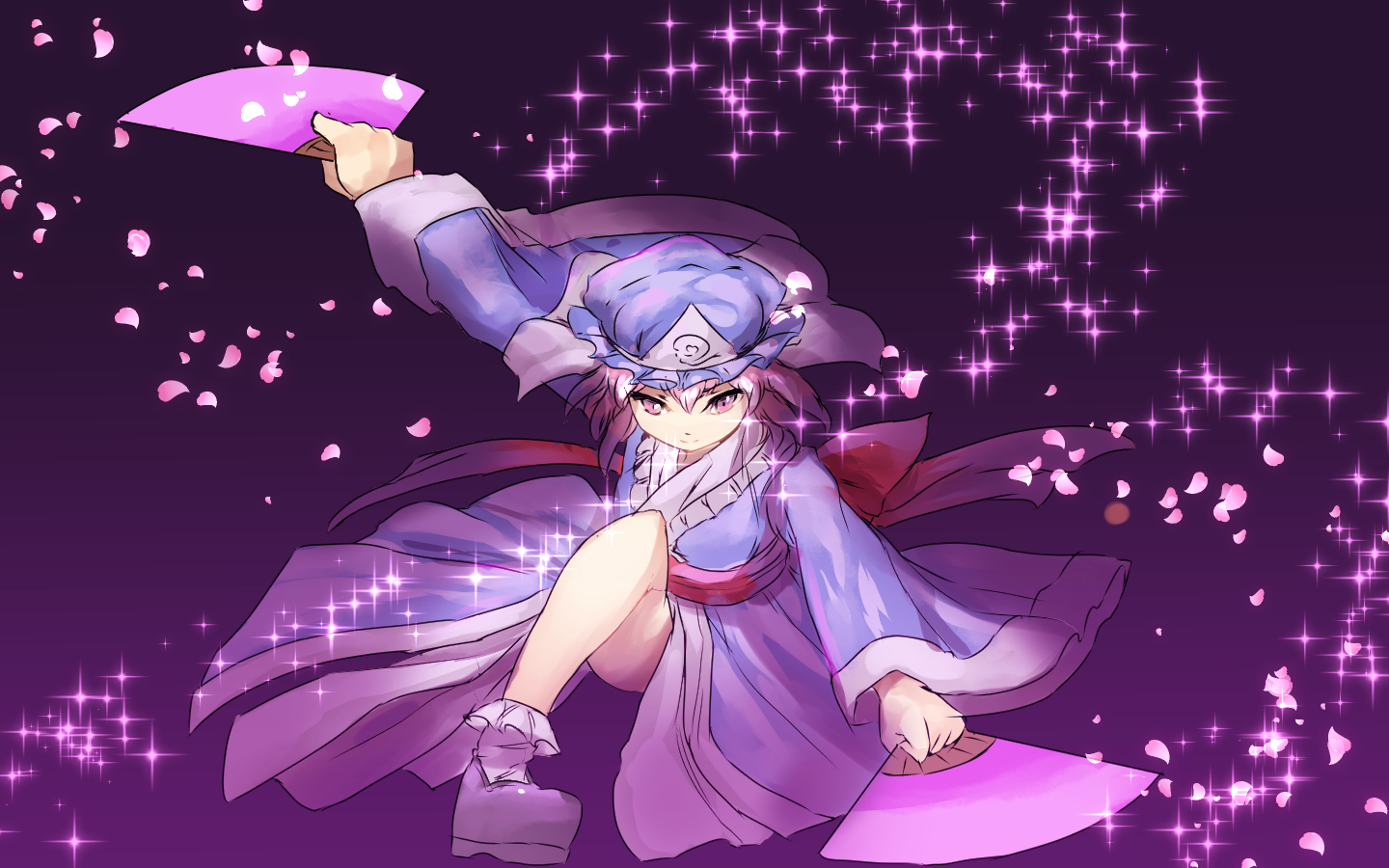 danbo_(rock_clime), fan, hat, japanese_clothes, kimono, petals, pink_eyes, pink_hair