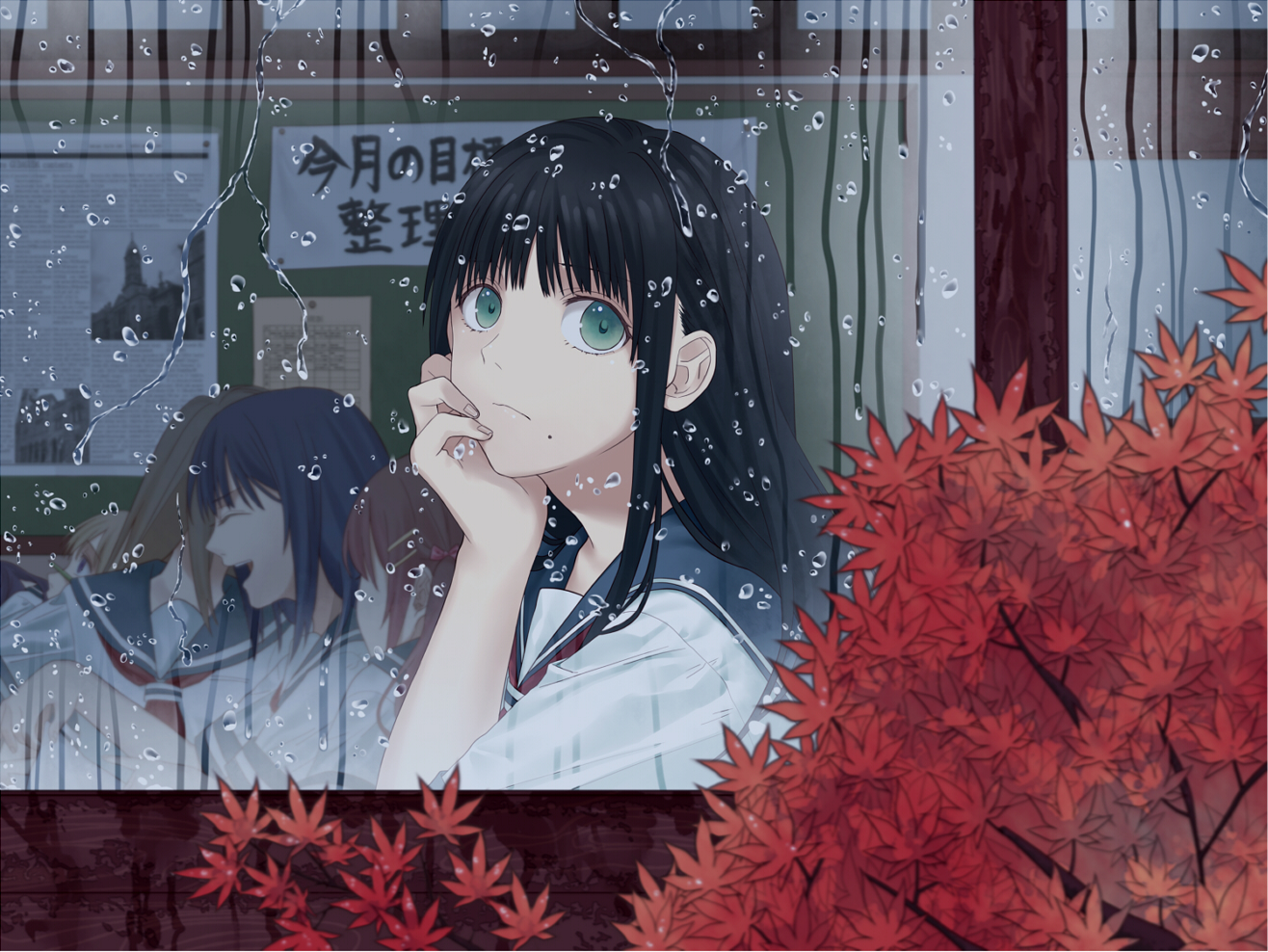 autumn, black_hair, green_eyes, kosagi_midori, long_hair, original, rain, school_uniform, water