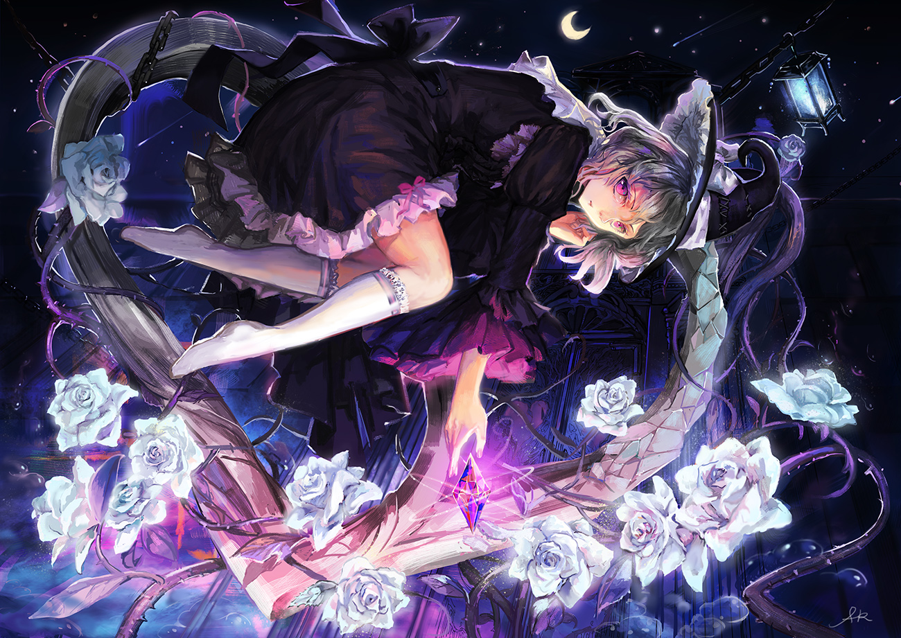 chain, dress, flowers, gray_hair, hat, kneehighs, moon, original, pink_eyes, rose, witch, witch_hat, xiezhua_(amyoy)