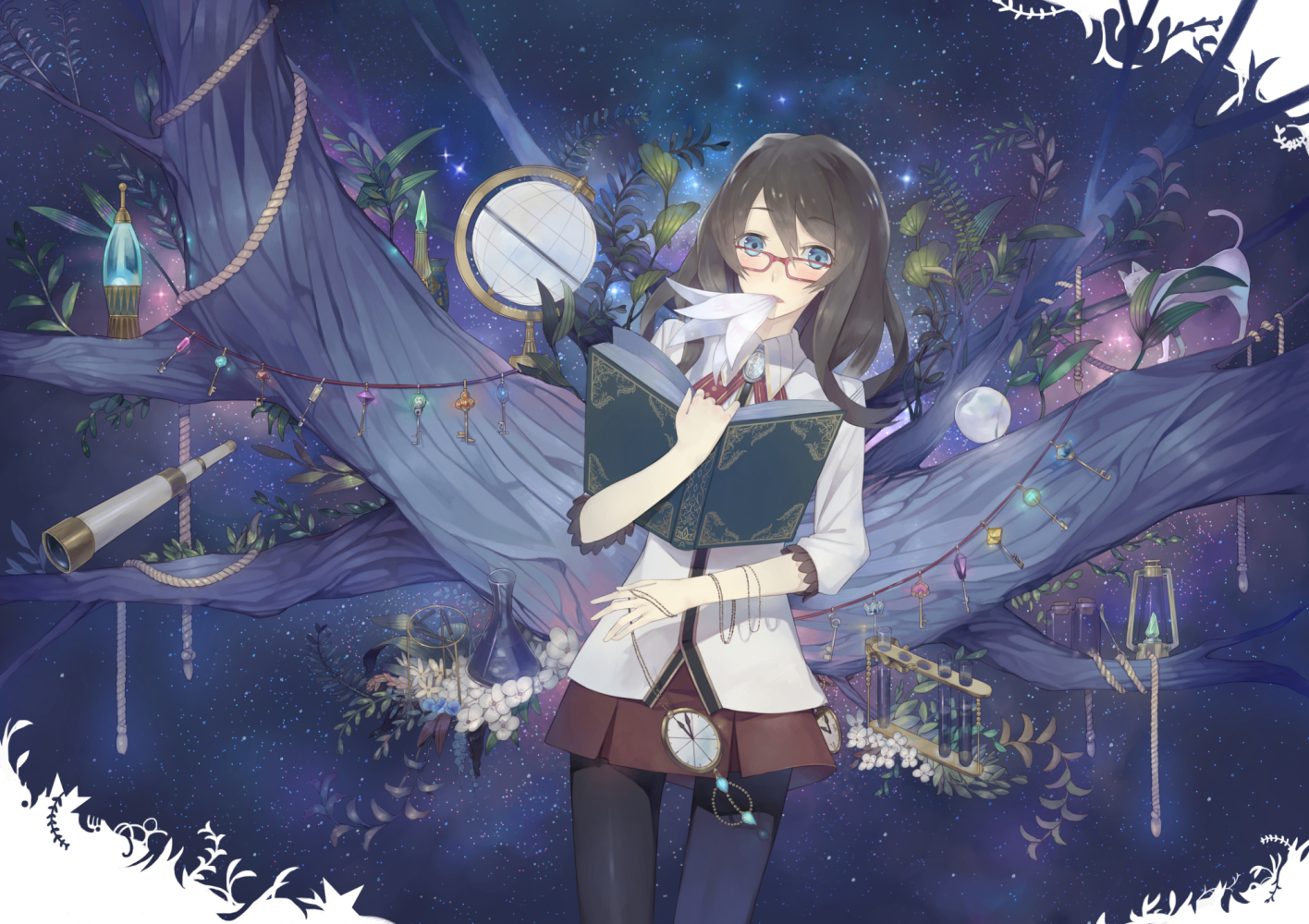 animal, black_hair, blue_eyes, book, cat, flowers, glasses, hayashi_kewi