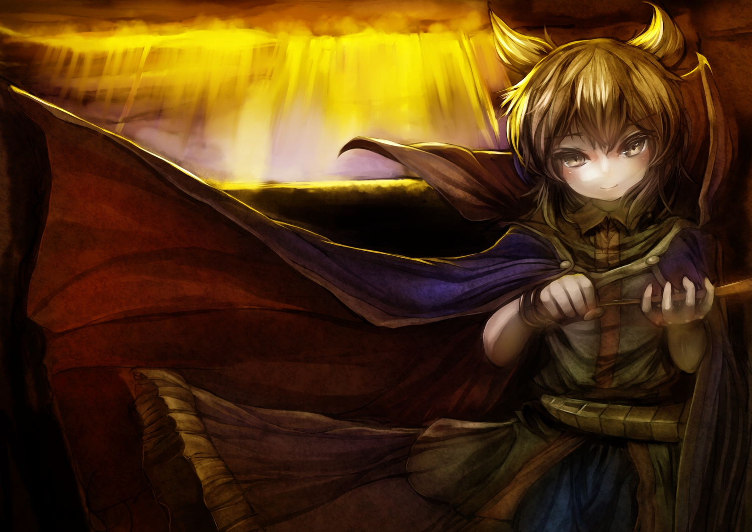 blonde_hair, cape, danbo_(rock_clime), dress, short_hair, sword, touhou, toyosatomimi_no_miko