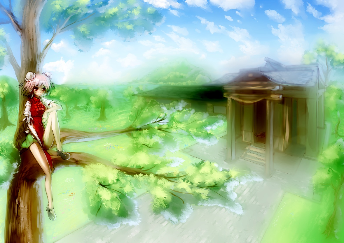 bandage, danbo_(rock_clime), ibaraki_kasen, pink_hair, red_eyes, short_hair, touhou, tree