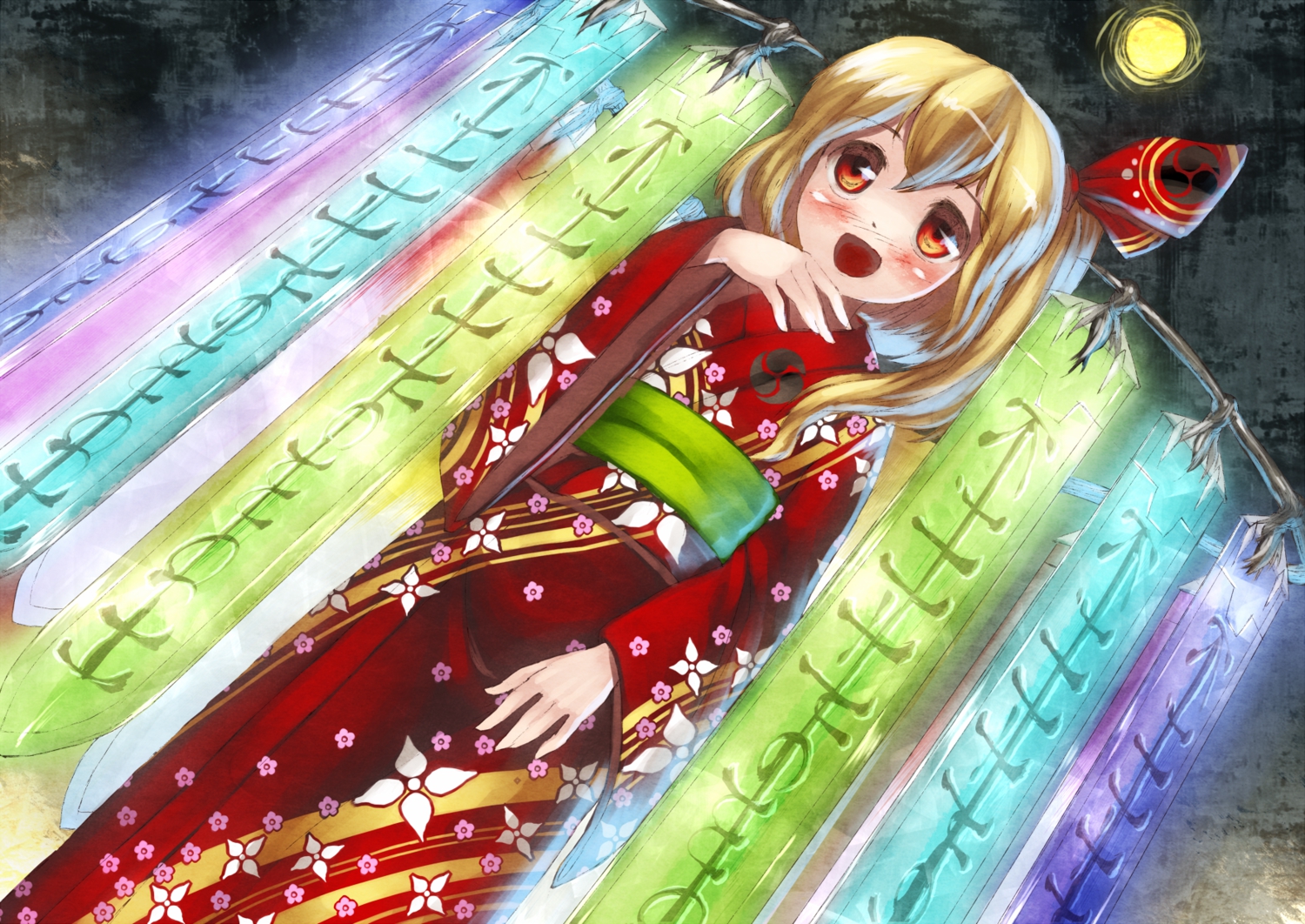 blonde_hair, blush, danbo_(rock_clime), flandre_scarlet, japanese_clothes, kimono, moon, orange_eyes