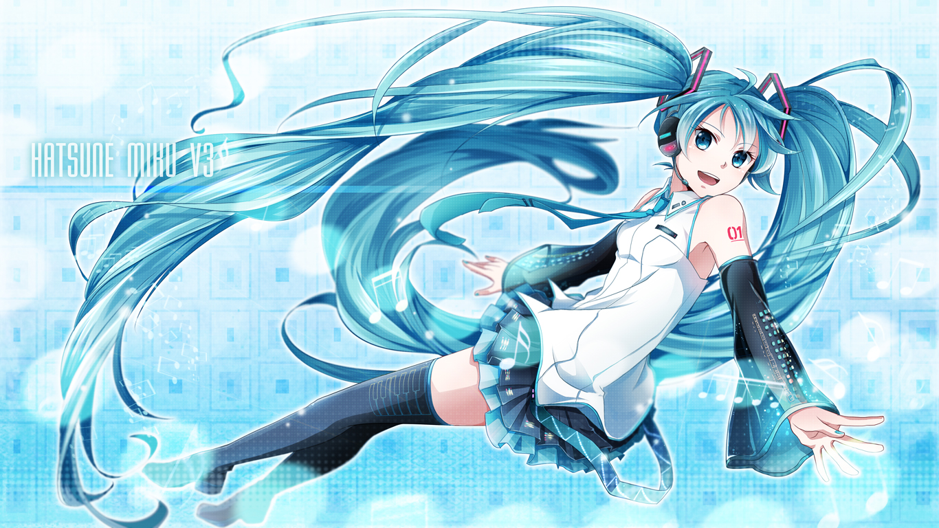 blue_eyes, blue_hair, hatsune_miku, headphones, long_hair, music, skirt, thighhighs