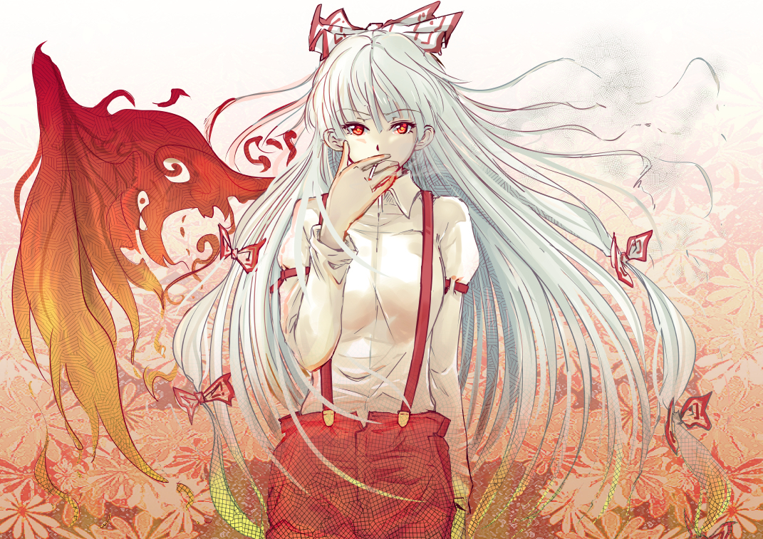 cibo_(killy), cigarette, fujiwara_no_mokou, long_hair, red_eyes, smoking, touhou, white_hair
