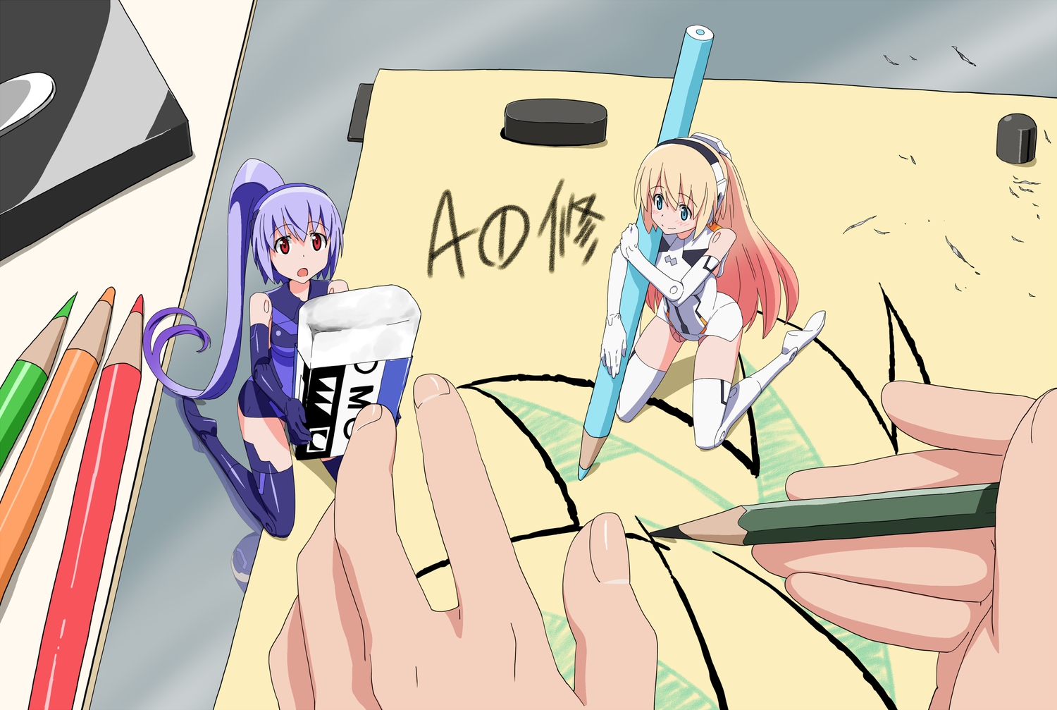 2girls, arnval, blonde_hair, blue_eyes, busou_shinki, elbow_gloves, gloves, headband, ikuya_koimori, long_hair, paper, ponytail, purple_hair, red_eyes, tempesta, thighhighs
