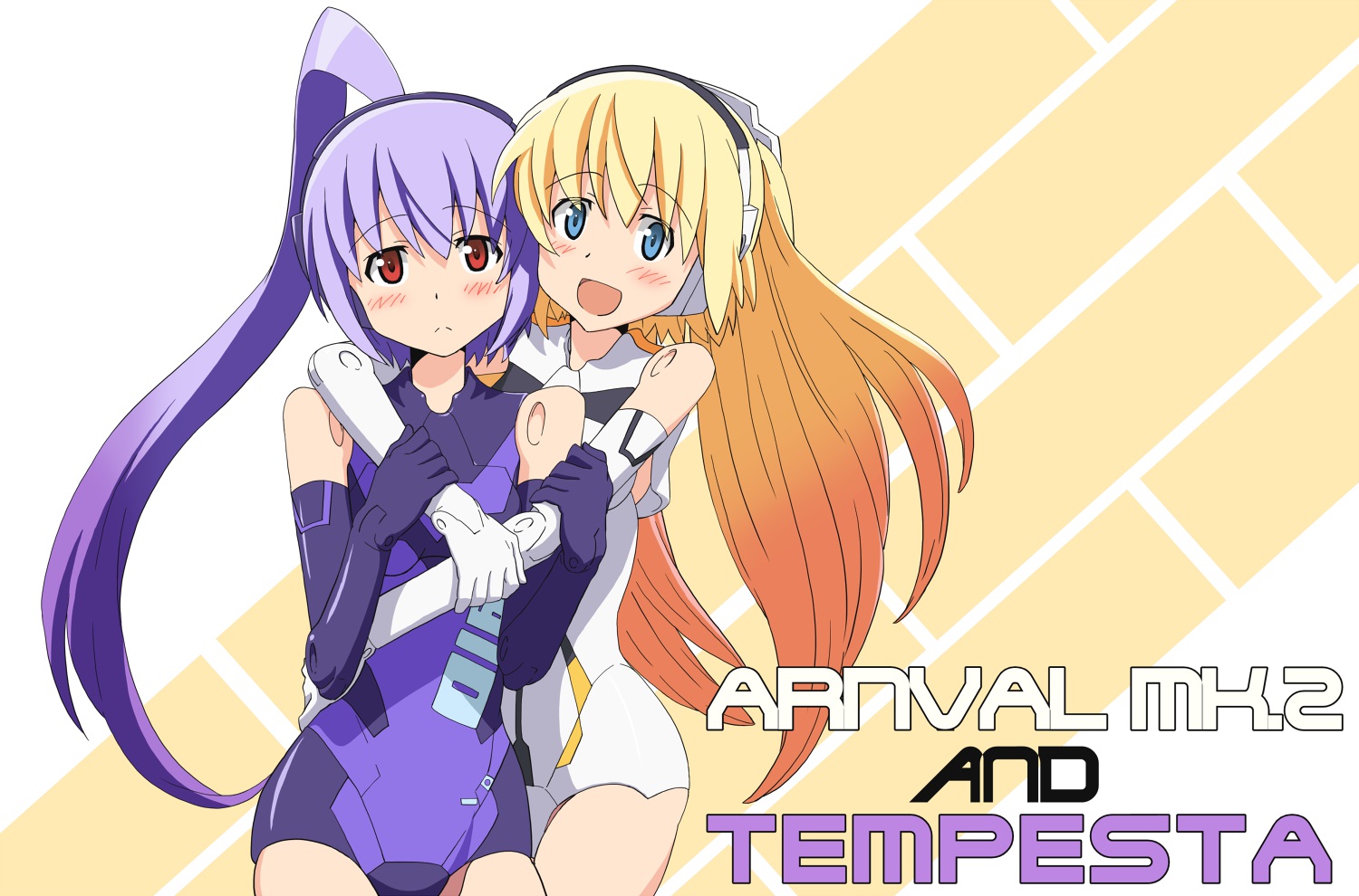 2girls, arnval, blonde_hair, blue_eyes, blush, busou_shinki, elbow_gloves, gloves