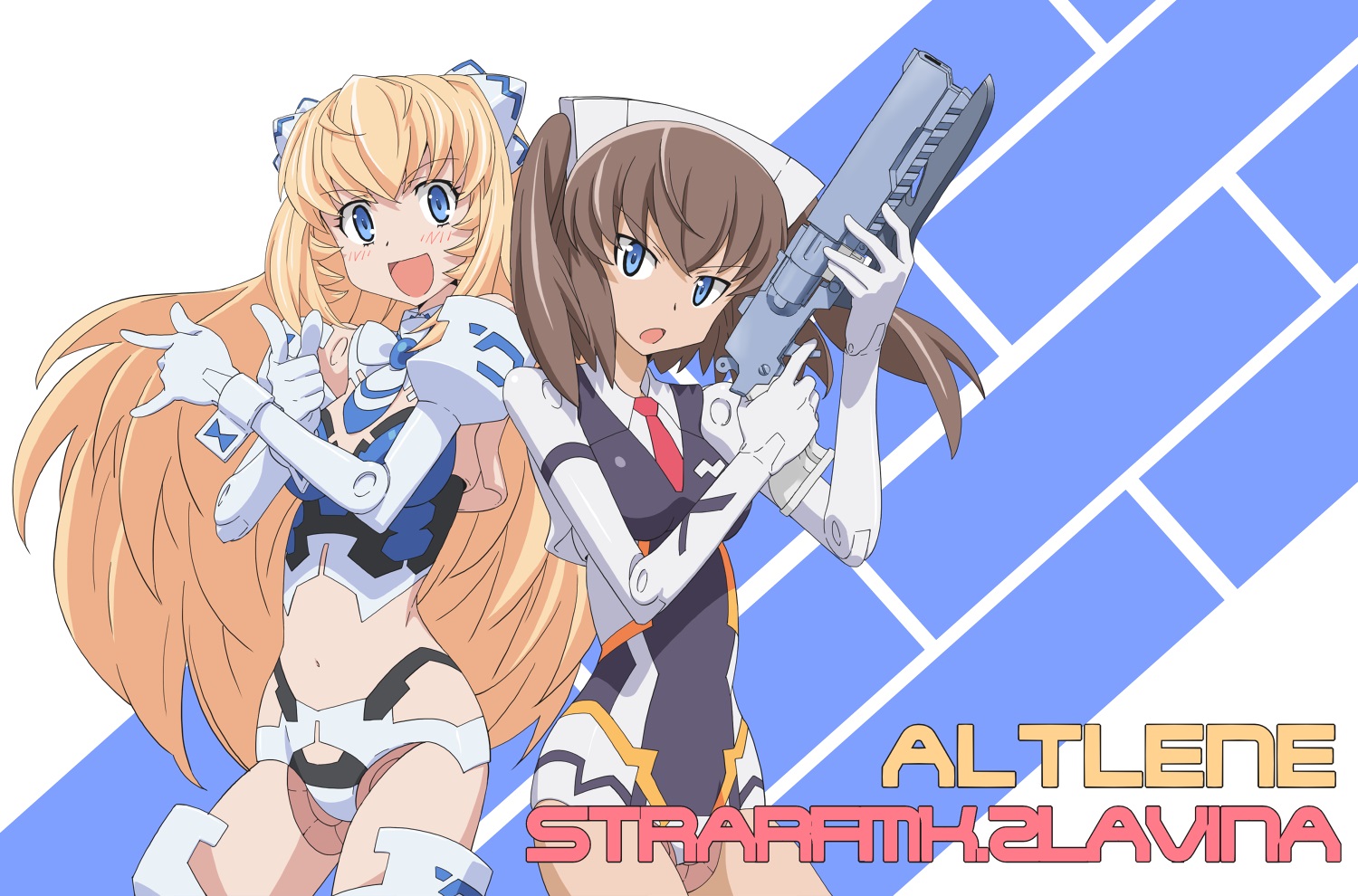 2girls, altena, blonde_hair, blue_eyes, brown_hair, busou_shinki, gun, ikuya_koimori, long_hair, mechagirl, navel, strarf, tie, weapon