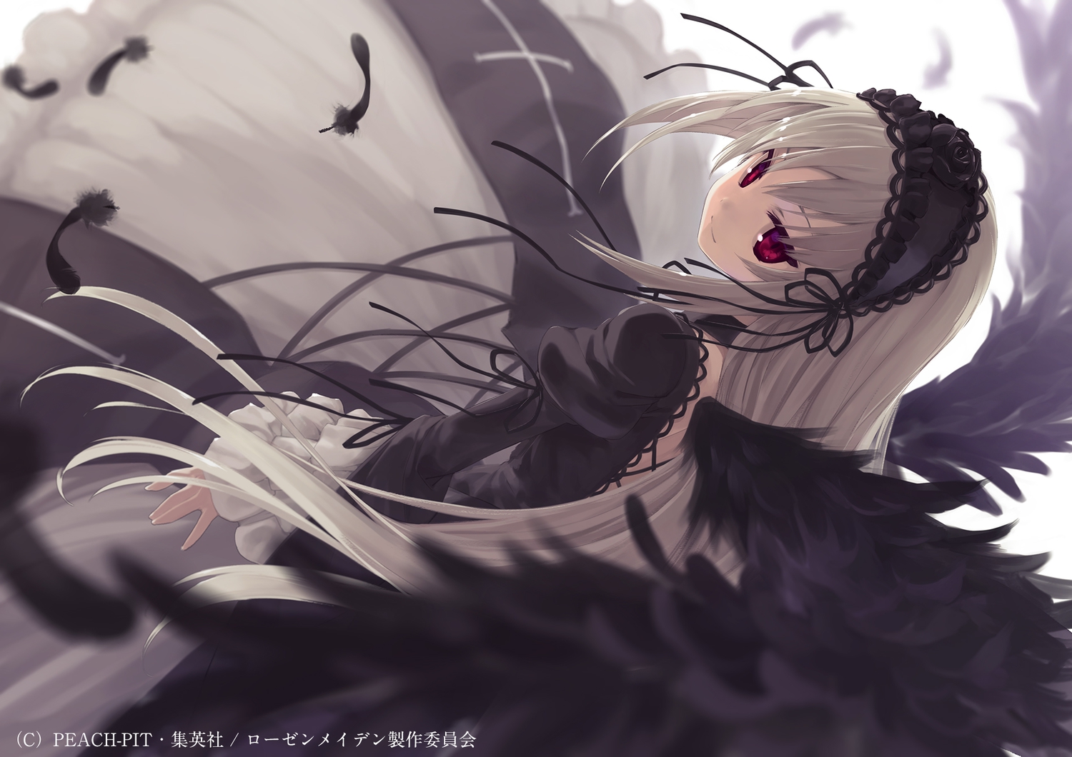 dress, feathers, headdress, long_hair, red_eyes, ribbons, rozen_maiden, suigintou