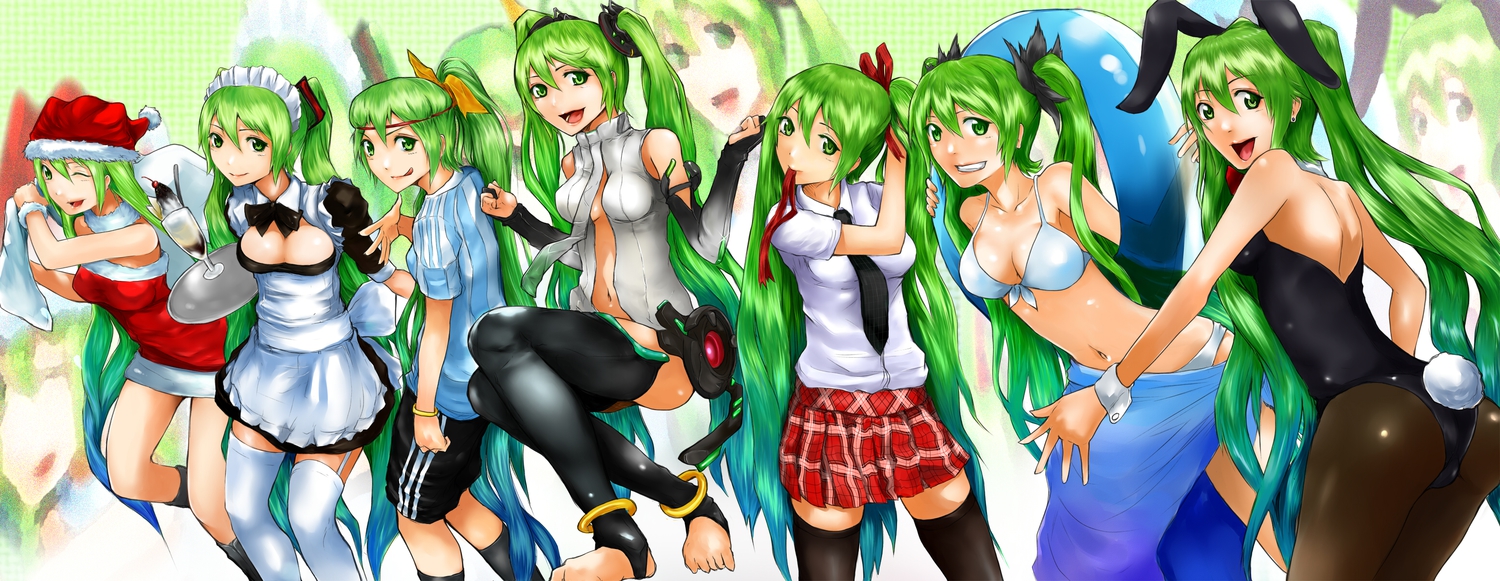 animal_ears, bikini, breasts, bunny_ears, bunnygirl, cleavage, food, green_eyes