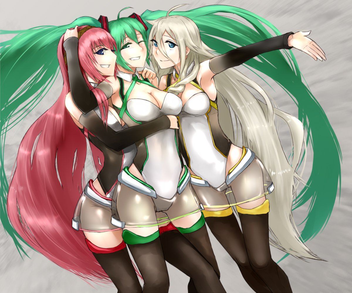 blonde_hair, blue_eyes, breasts, cleavage, green_eyes, green_hair, hatsune_miku, headband, hug, ia, long_hair, megurine_luka, pink_hair, thighhighs, twintails, vocaloid, wink, yuki_tarou