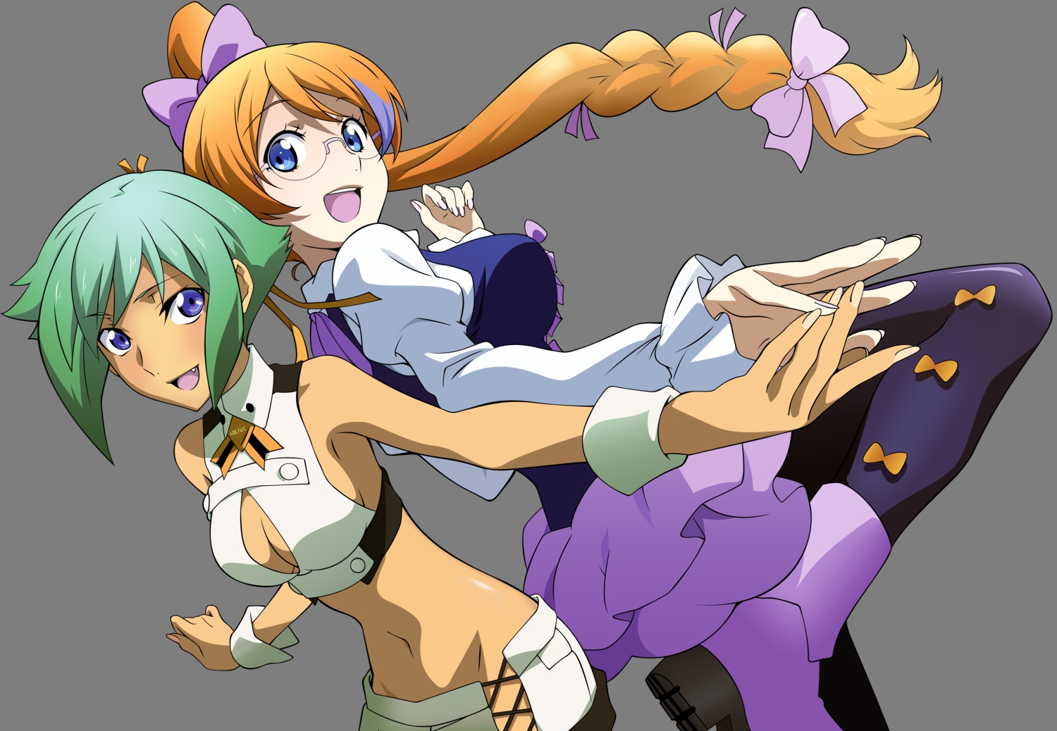 2girls, aquarion_evol, blue_eyes, boots, bow, breasts, cleavage, fang, glasses, green_hair, long_hair, mix_(aquarion), navel, orange_hair, pantyhose, ponytail, short_hair, transparent, vector, zessica_wong