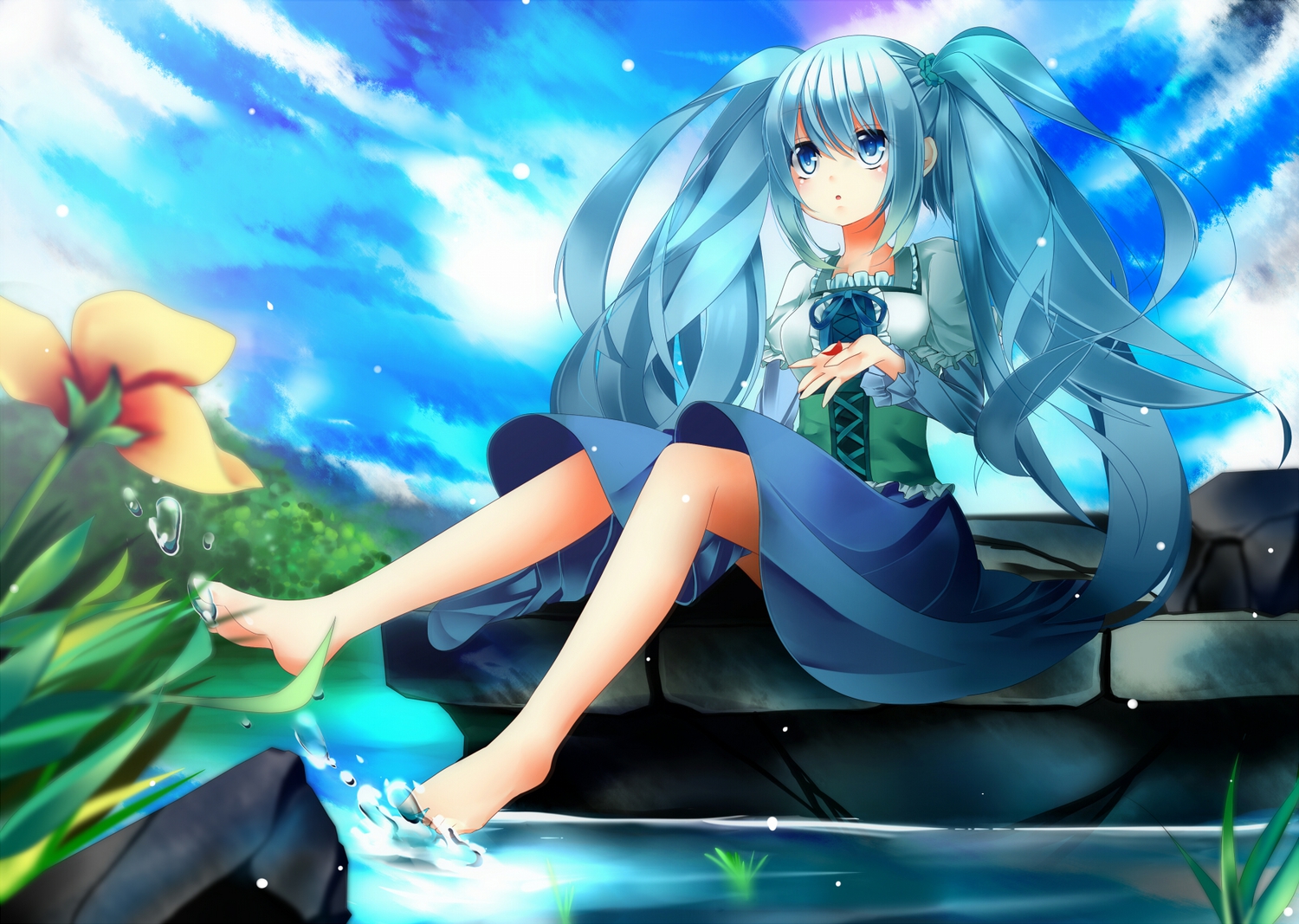 barefoot, blue_eyes, blue_hair, dress, flowers, hatsune_miku, long_hair, oumi_hi, twintails, vocaloid, water
