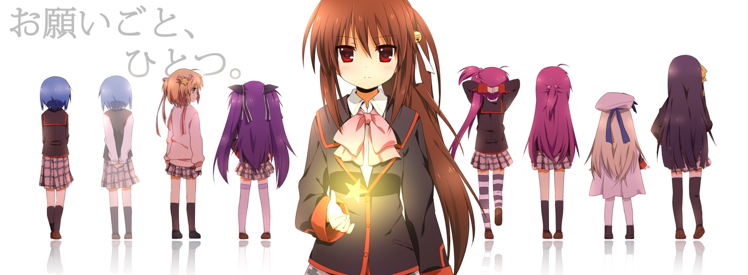 black_hair, blonde_hair, blue_hair, brown_hair, dualscreen, futaki_kanata, group, jiang-ge, kamikita_komari, kneehighs, kurugaya_yuiko, little_busters!, long_hair, natsume_rin, nishizono_midori, nishizono_mio, noumi_kudryavka, ponytail, purple_hair, red_eyes, red_hair, ribbons, saigusa_haruka, sasasegawa_sasami, school_uniform, short_hair, skirt, thighhighs