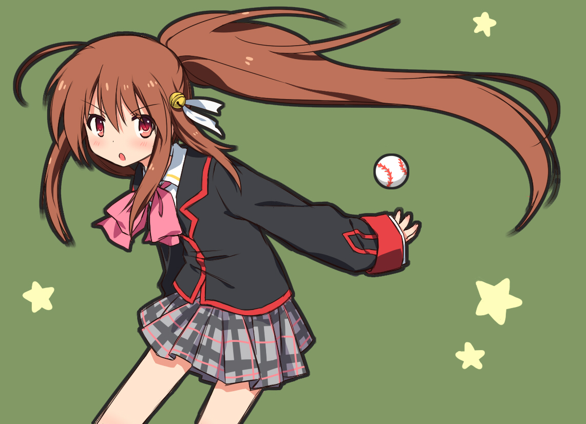 ball, baseball, brown_hair, green, jiang-ge, little_busters!, long_hair, natsume_rin, ponytail, red_eyes, school_uniform, skirt, sport