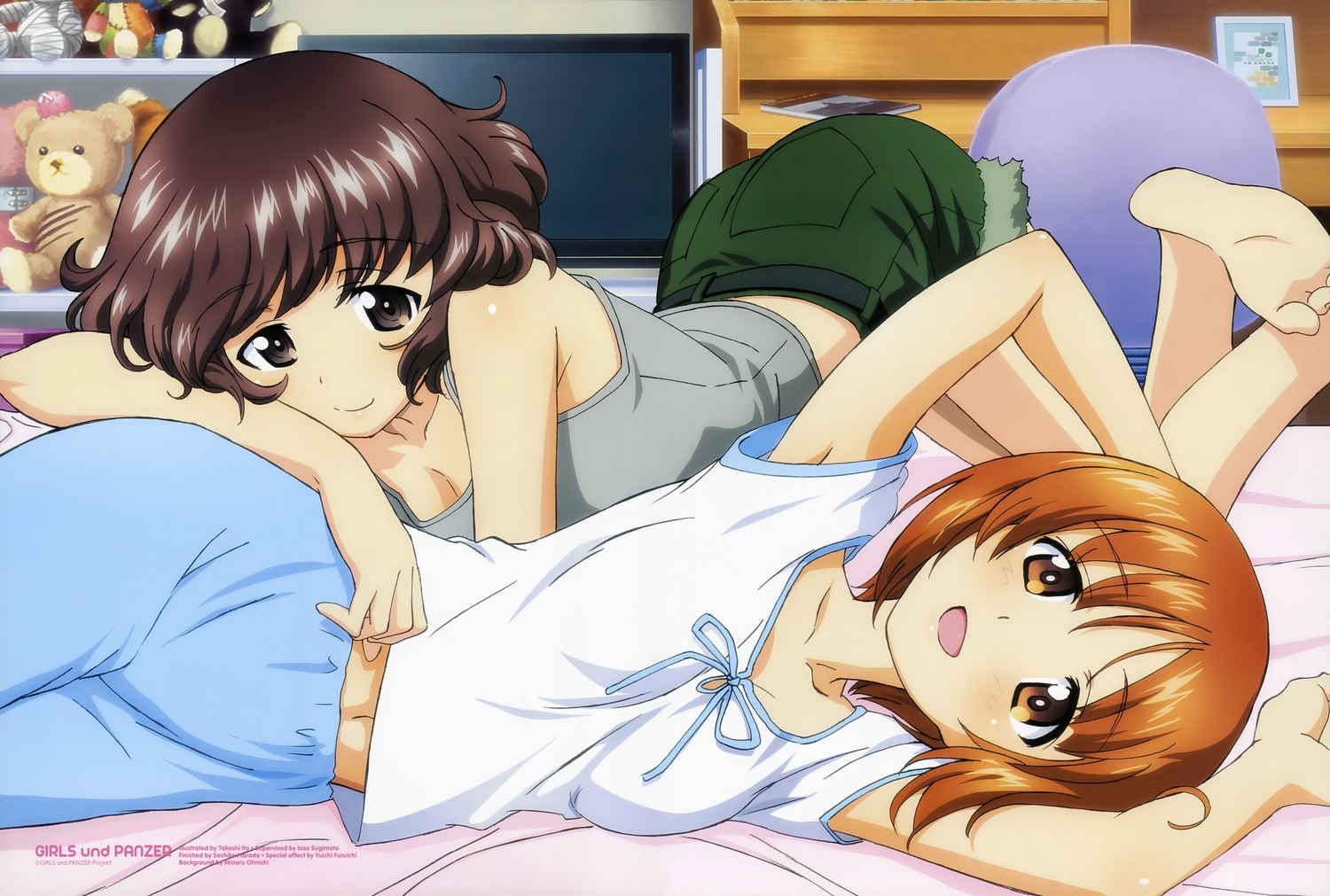2girls, akiyama_yukari, barefoot, bed, book, brown_eyes, brown_hair, girls_und_panzer, nishizumi_miho, scan, short_hair, sugimoto_isao, teddy_bear