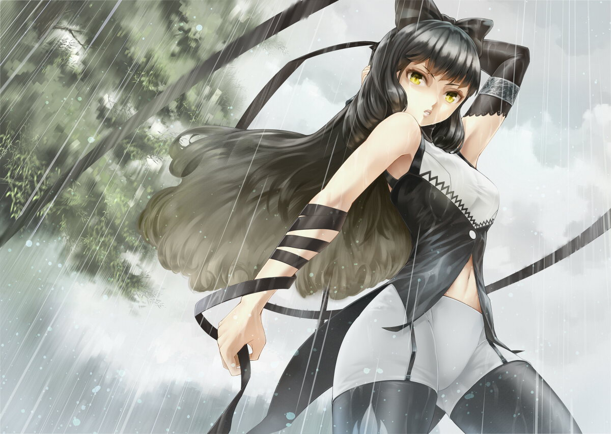 black_hair, blake_belladonna, bow, elbow_gloves, gloves, long_hair, navel, rain, rwby, ryouku, thighhighs, water, yellow_eyes