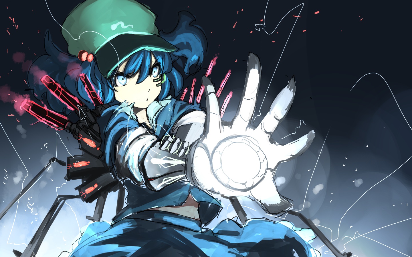 blue_eyes, blue_hair, hat, kawashiro_nitori, rikkido, short_hair, skirt, touhou