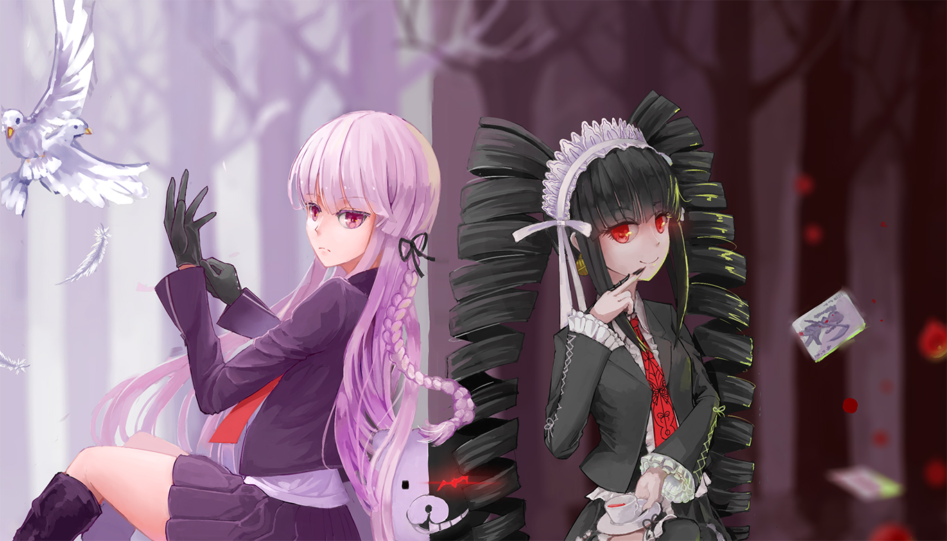 2girls, animal, bird, black_hair, boots, braids, celestia_rudenberk, dangan-ronpa, drink, feathers, gloves, headdress, hoshimawa, kirigiri_kyouko, long_hair, monokuma, purple_eyes, purple_hair, red_eyes, ribbons, skirt, tie, twintails