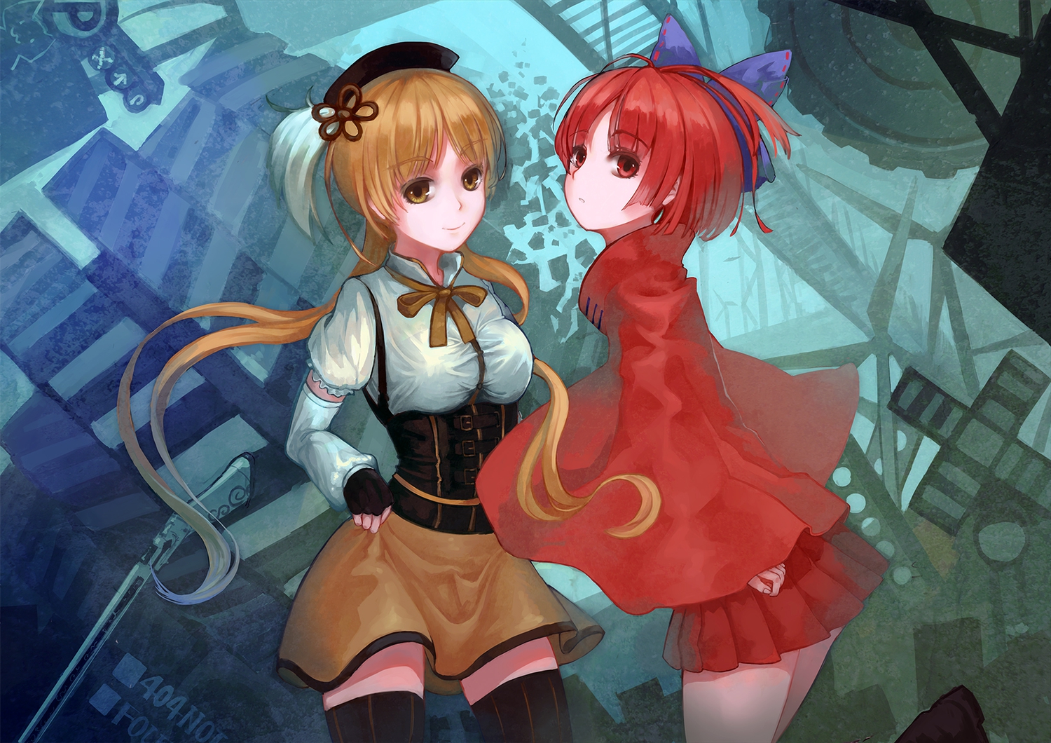 2girls, blonde_hair, bow, gloves, gun, hoshimawa, long_hair, mahou_shoujo_madoka_magica