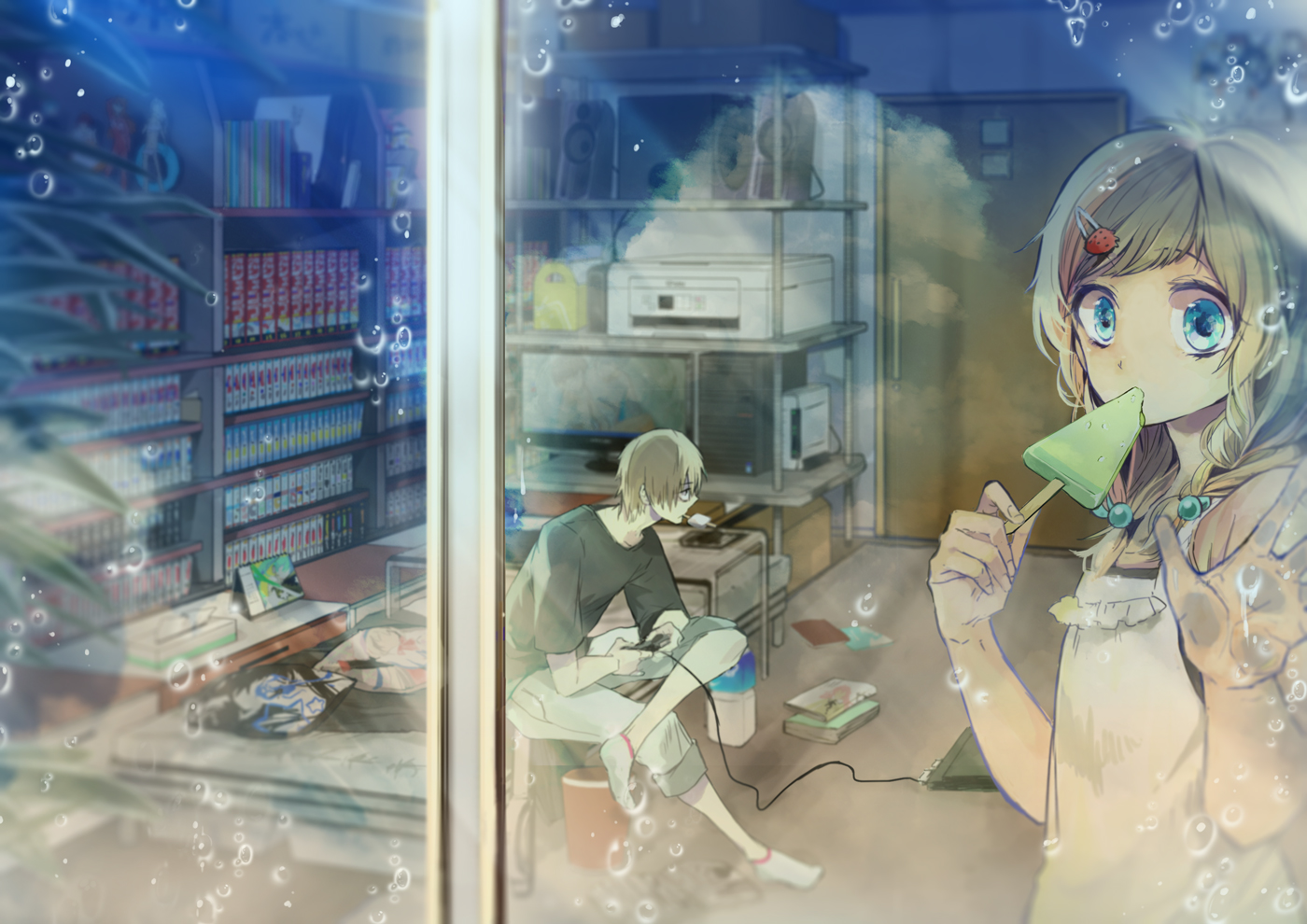 blonde_hair, blue_eyes, book, braids, bubbles, computer, food, game_console