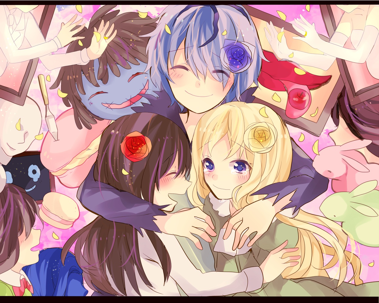 animal, apple, blonde_hair, blush, brown_hair, flowers, food, fruit